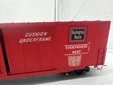 Atlas 7530 ACF 60' S.D. BURLINGTON DECORATED AUTO PARTS BOX CAR 2 rail O SCALE WEATHERED / CUSTOM decorated AS IS Used Damaged Box