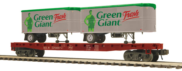 MTH Premier 20-95555 Milwaukee Road Flat Car w/(2) PUP Trailers (Green Giant) Limited