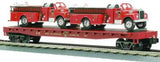 MTH Premier 20-98114 MTH Transport Flat Car w/ 2 fire trucks O SCALE Used Excellent
