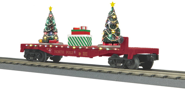 MTH 30-76867 Christmas (Maroon) Flat Car w/ Lighted Christmas Trees - Limited