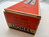 LIONEL POSTWAR 3562-25 ATSF OPERATING BARREL CAR (GRAY) W 6 BARRELS- MISSING FIGURE AND BIN-- AS IS-- O SCALE Used Excellent