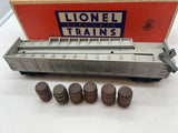 LIONEL POSTWAR 3562-25 ATSF OPERATING BARREL CAR (GRAY) W 6 BARRELS- MISSING FIGURE AND BIN-- AS IS-- O SCALE Used Excellent
