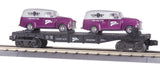 MTH #0-76002 Flat car with 2 Ertl Silver and Purple 1951 Panel Vans with MTH Club on it with phone number and MTH Logo
