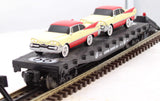 Lionel 6-17536 Flat Car Route 66 w/2 era appropriate vehicles O Scale Like New