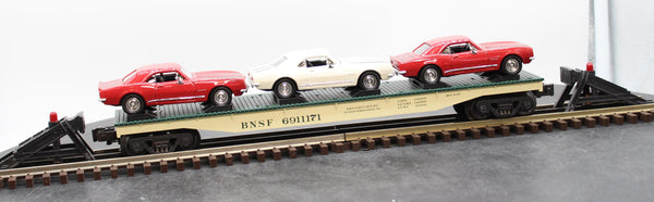 K-Line k691-1051 BNSF Scale Flat w/3 die cast 67 Chevy Camaros O SCALE Used Excellent