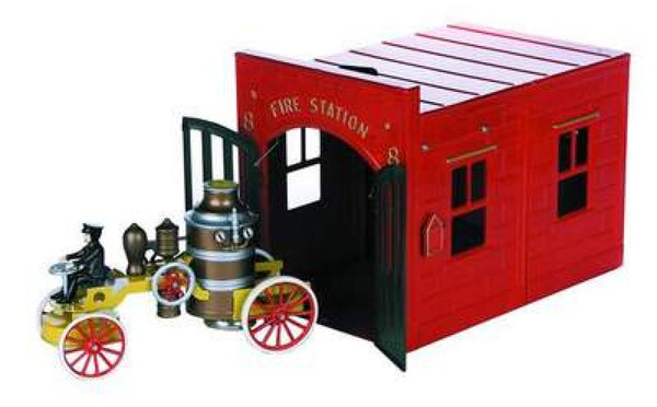 MTH Tinplate 10-1003 Wind Up Operating Firehouse and Pumper (Kingsbury) Standard Gauge Like New