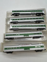 Model Power Set of 5 Burlington Northern BN Green/ Silver Passenger cars 3037 ; 3047 x2; 3057 x2 N SCALE Like New