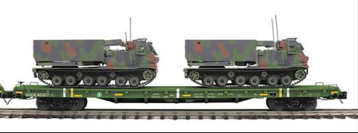 MTH Premier 20-92279E U.S. Army 60' Flat Car w/(2) M270 Rocket Launcher Vehicles O SCALE NEW
