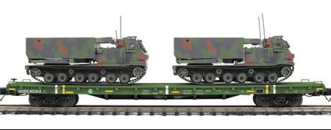 MTH Premier 20-92280C U.S. Army 60' Flat Car w/(2) M270 Rocket Launcher Vehicles #40214 O SCALE  NEW