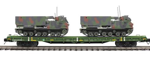 MTH Premier 20-92280B U.S. Army 60' Flat Car w/(2) M270 Rocket Launcher Vehicles #40219 O SCALE NEW