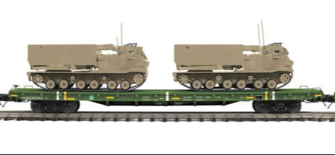 MTH Premier 20-92283E U.S. Army 60' Flat Car with (2) M270 Rocket Launcher Vehicles O SCALE NEW