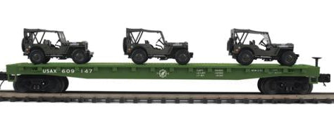 MTH Premier 20-92355D U.S. Army Flat Car with 3 Willy's Transport Vehicles # 609139 O SCALE NEW