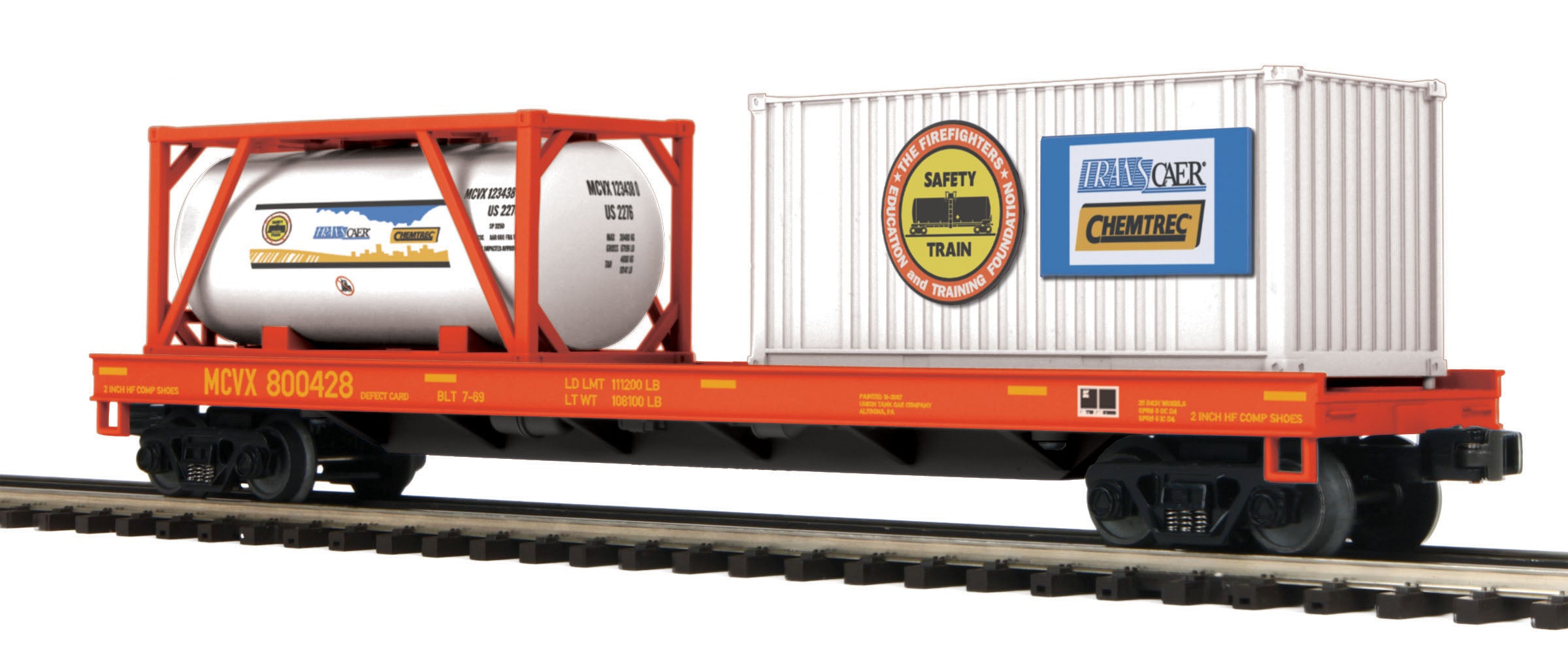 MTH Premier 20-95222 Safety Train Flat Car w/Tank Container & 20' Container 800428 O SCALE New