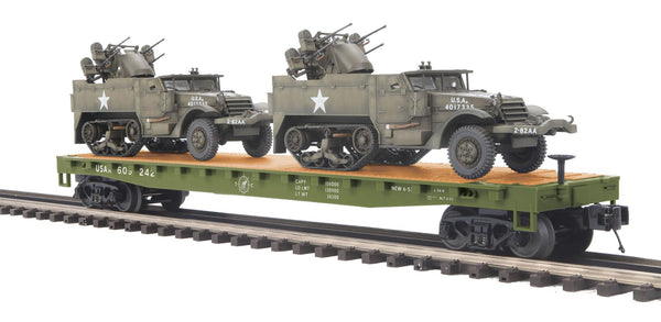 MTH Premier 20-95327 U.S. Army Flat Car w/(2) Half-Track M16 Scout Car . O SCALE NEW