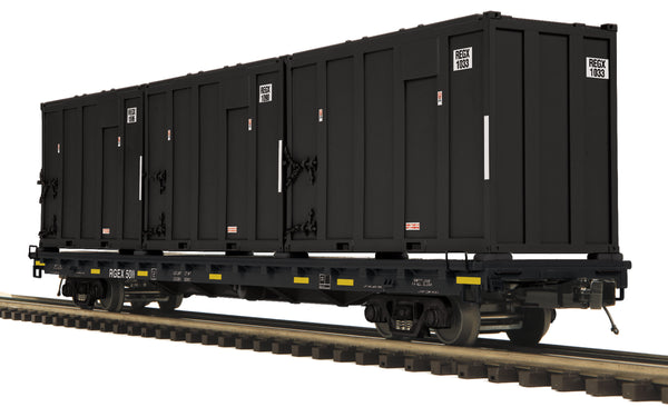 MTH Premier 20-95451 Regus Industries 60' Flat Car w/Trash Containers #5034. O SCALE NEW Damaged Box