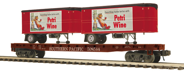 MTH Premier 20-95557 Southern Pacific Flat Car w/(2) PUP Trailers (Petri Wine) O SCALE NEW