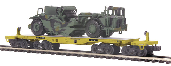 MTH Premier 20-98379 U.S. Army 47' TTX Heavy Duty Flat Car w/Military Scraper O SCALE NEW