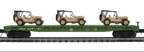 MTH Premier 20-92358D U.S. Army Flat Car w/(3) Willys Transport Vehicles #609180 O SCALE NEW