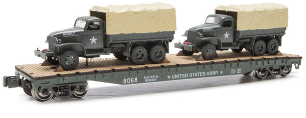 Menards 275-9200 14-3/4"O Gauge Flatcar with Two Army Trucks O Scale NEW