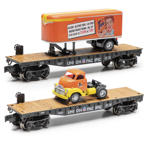 Menards 275-9386 Union Pacific UP 2-Piece 10-1/2" Flatcar with 1954 GMC Tide Tractor & Trailer Set O Scale Limited NEW