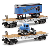 Menards 275-9392 Norfork Southern NS 2-Piece Flatcar with 1954 GMC Wrangler Tractor & Trailer Set O Scale NEW limited