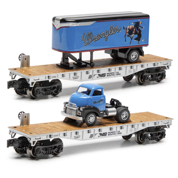 Menards 275-9392 Norfork Southern NS 2-Piece Flatcar with 1954 GMC Wrangler Tractor & Trailer Set O Scale NEW limited