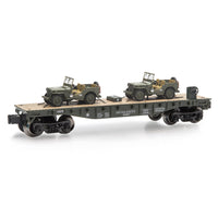 Menards 279-3380 army flatcar with two army jeeps O SCALE NEW