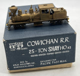 United Scale Models 25-Shay    Cowichan RR 25 Ton Shay Brass Unpainted locomotive mfd by Atlas Industries for PFM HOn3 Scale Used Excellent Damaged Box
