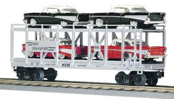 MTH Railking 30-7656 Auto Carrier Flat Car - Silver '57 Chevy (2 Red w/white top, 2 Black w/white top) O SCALE NEW