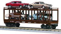 MTH Railking 30-7638 Auto Carrier Flat Car '67 Pontiac Firebird 400 - Turquoise Blue, Gold '70 Chevy Nova SS - Red, Beige O SCALE NEW