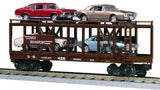 MTH Railking 30-7638 Auto Carrier Flat Car '67 Pontiac Firebird 400 - Turquoise Blue, Gold '70 Chevy Nova SS - Red, Beige O SCALE NEW