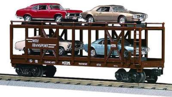 MTH Railking 30-7638 Auto Carrier Flat Car '67 Pontiac Firebird 400 - Turquoise Blue, Gold '70 Chevy Nova SS - Red, Beige O SCALE NEW