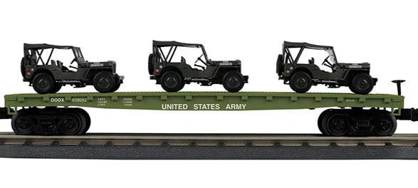 MTH Railking 30-70123C U.S. Army Flat Car w/(2) Willys Transport Vehicles #609052 - O SCALE NEW