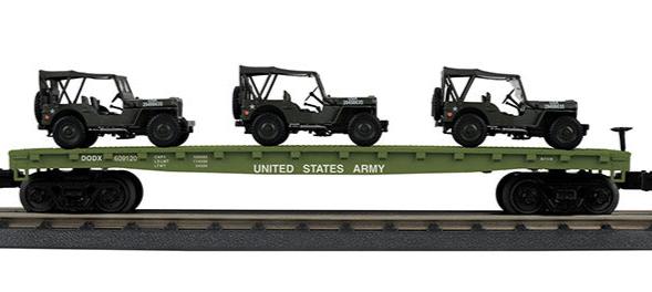 MTH Railking 30-70123D U.S. Army Flat Car w/(2) Willys Transport Vehicles #609120 - O SCALE NEW