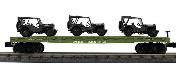 MTH Railking 30-70123B U.S. Army Flat Car w/(2) Willys Transport Vehicles #609045 - O SCALE NEW