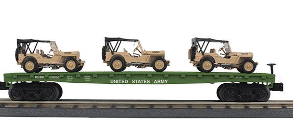 MTH Railking 30-70124E U.S. Army Flat Car w/(2) Willys Transport Vehicles #609058 - O SCALE NEW