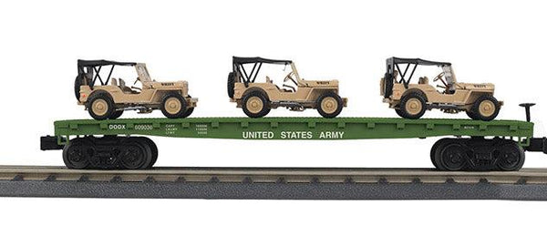 MTH Railking 30-70124B U.S. Army Flat Car w/(2) Willys Transport Vehicles #609036 - O SCALE NEW