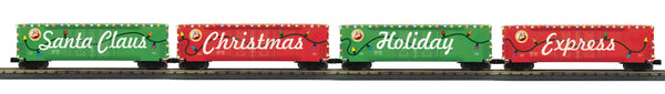 MTH Railking 30-70131 Christmas 4-Car 50 Double Door Plugged Boxcar With LED Lights #252225, #252226, #252227, #252228. O SCALE NEW