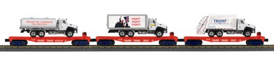 MTH Railking 30-70150 Donald J. Trump 3-Car Flat Car w/ Truck Load Set #2024. O SCALE LIMITED PREORDER NEW