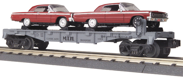 MTH Railking 30-76013 MTH Auto Transportation Flat Car w/(2) Ertl 1964 Impala SS - MTH Auto Transport (red w/white interior) O SCALE Like New