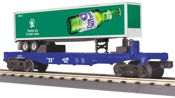 MTH Railking 30-76375 AB Rolling Rock beer flat car w trailer O SCALE NEW