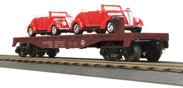 MTH Railking 30-76380 Pennsylvania RailKing Flat Car w/(2) '37 Ford V8 Convertibles O SCALE Used Excellent