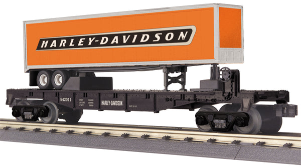 MTH Railking 30-76409 Harley-Davidson Flat Car w/ Trailer #542011. O SCALE Like New