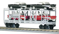 MTH Railking 30-7656 MTH Auto Transportation Auto Carrier Flat Car - Silver '57 Chevy (2 Red w/white top 2 Black w/white top) O SCALE Like New