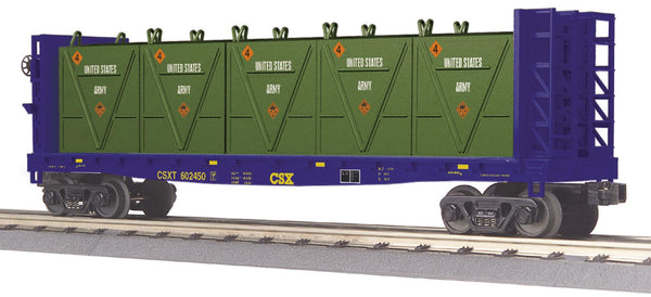 MTH Railking 30-76602 CSX RailKing Flat Car - w/Bulkheads & Army LCL Containers O SCALE Used Excellent No Box