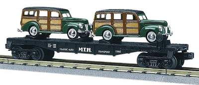 MTH Railking 30-7662 MTH Auto Transport Flat Car w/Ertlr 1940 Woody Wagon - MTH Auto Transport O SCALE NEW