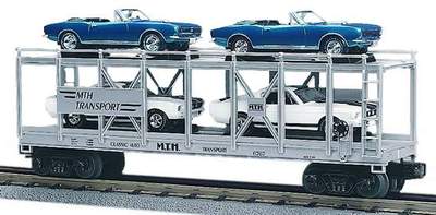 MTH Railking 30-7666 MTH Auto Transportation Auto Carrier Flat Car w/Ertlr 1967 Camaro SS and 1967 Shelby - MTH Auto Transport O SCALE Like New