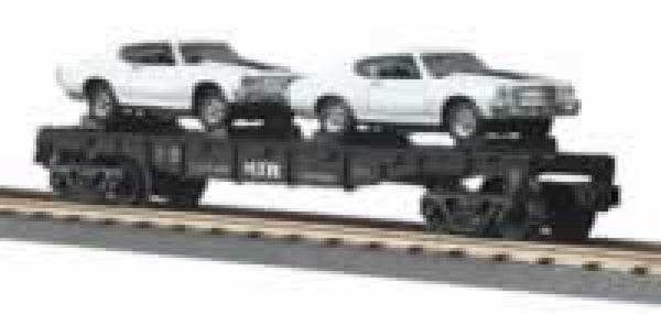 MTH Railking 30-7680 MTH Transport Flat Car - MTH Transport w/(2) 1970 Chevelle (White w/Black Stripe) O SCALE NEW