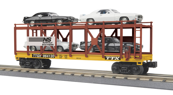 MTH Railking 30-76816 Norfolk Southern Auto Carrier Flat Car w/(4) '69 Pontiac Firebirds #TTGX 964120. O SCALE NEW