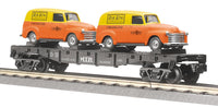 MTH Railking 30-7681 MTH Transport Flat Car with (2) Ertlr 1951 Panel Vans in Orange w/RailKing Logo O Scale. Used Excellent